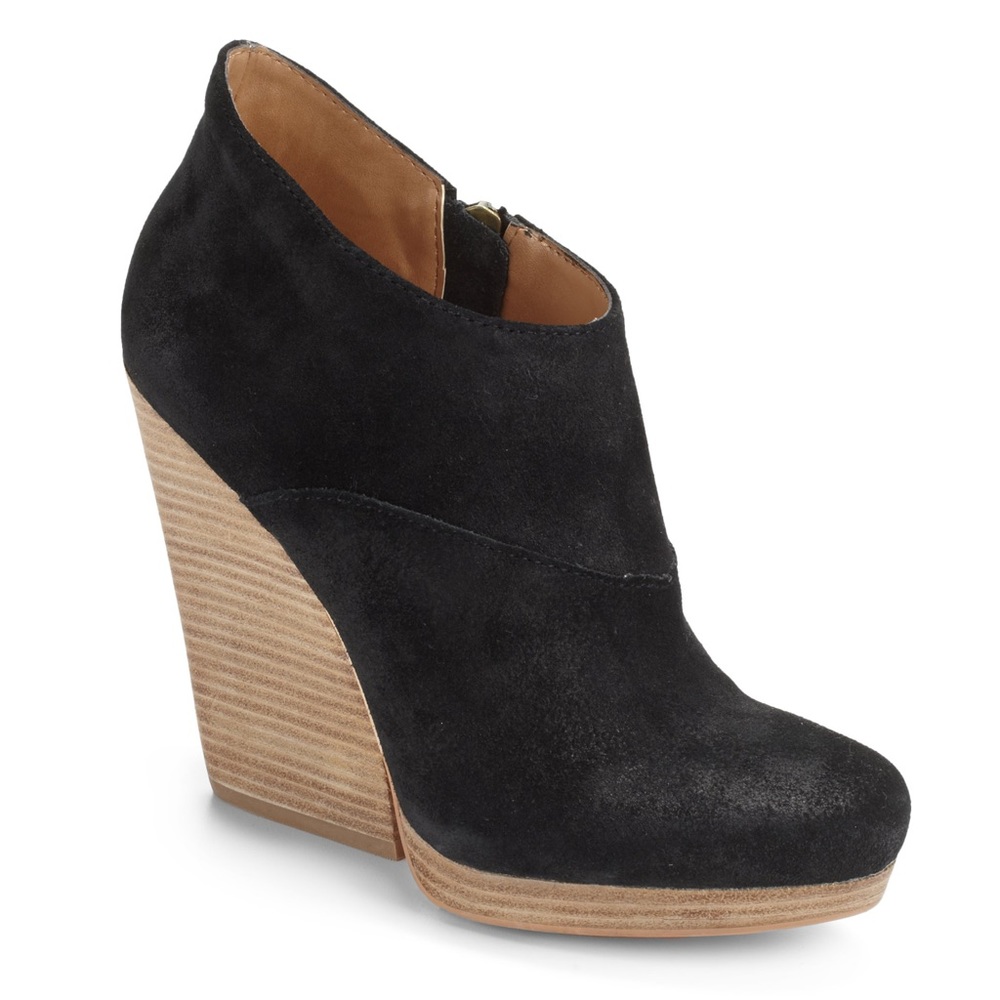 saks fifth avenue | olana suede wedge bootie black gray label 8